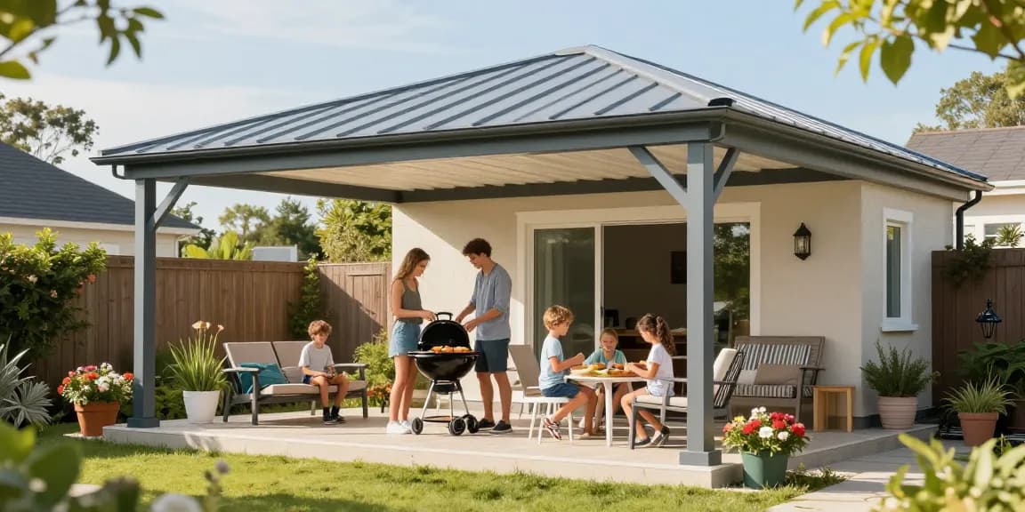 Freistehende Terrassenüberdachung mit Familie beim Grillen im Garten.