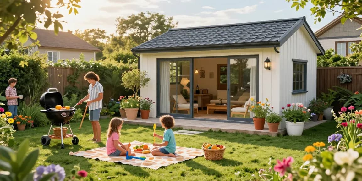 Ein modernes Garten Haus umgeben von üppigem Grün und bunten Blumen, eine Familie genießt einen sonnigen Tag im Freien.