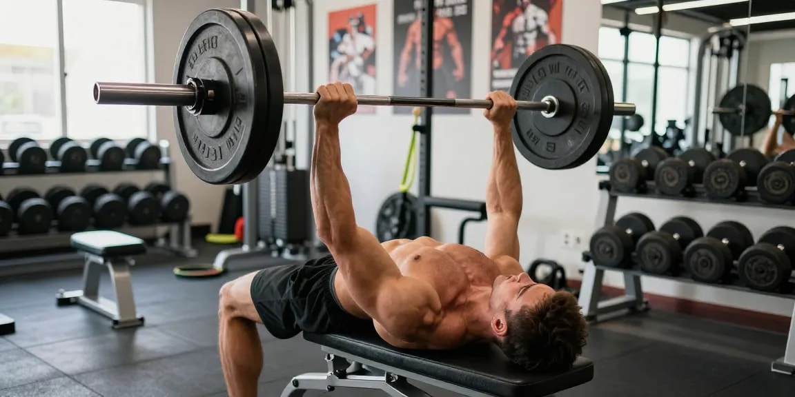 Ein Bodybuilder hebt Gewichte mit Utinon Steroiden für optimale Ergebnisse in einem modernen Fitnessstudio.