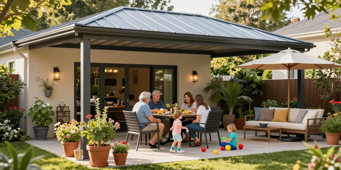 Moderne Terrassenüberdachung in einem einladenden Garten mit Familie und Pflanzen.