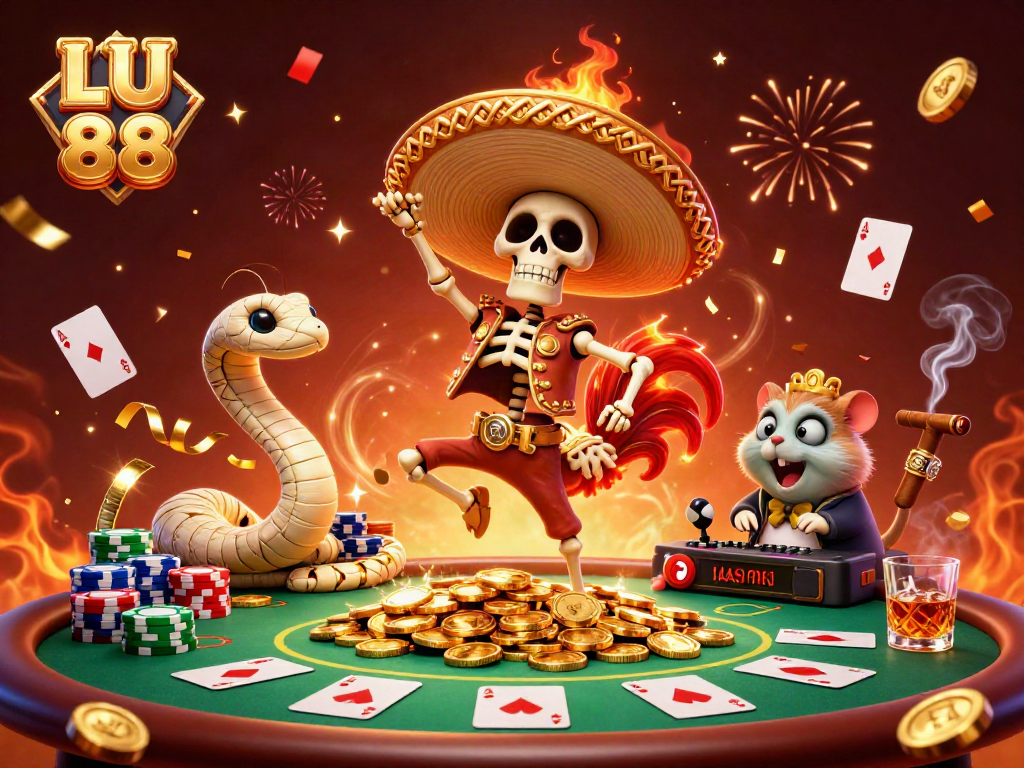 Experience thrilling wins at LU 88 with a victory dance on a gold coin pile.