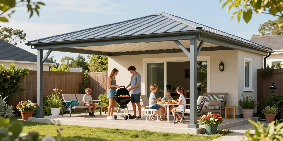 Freistehende Terrassenüberdachung mit Familie beim Grillen im Garten.
