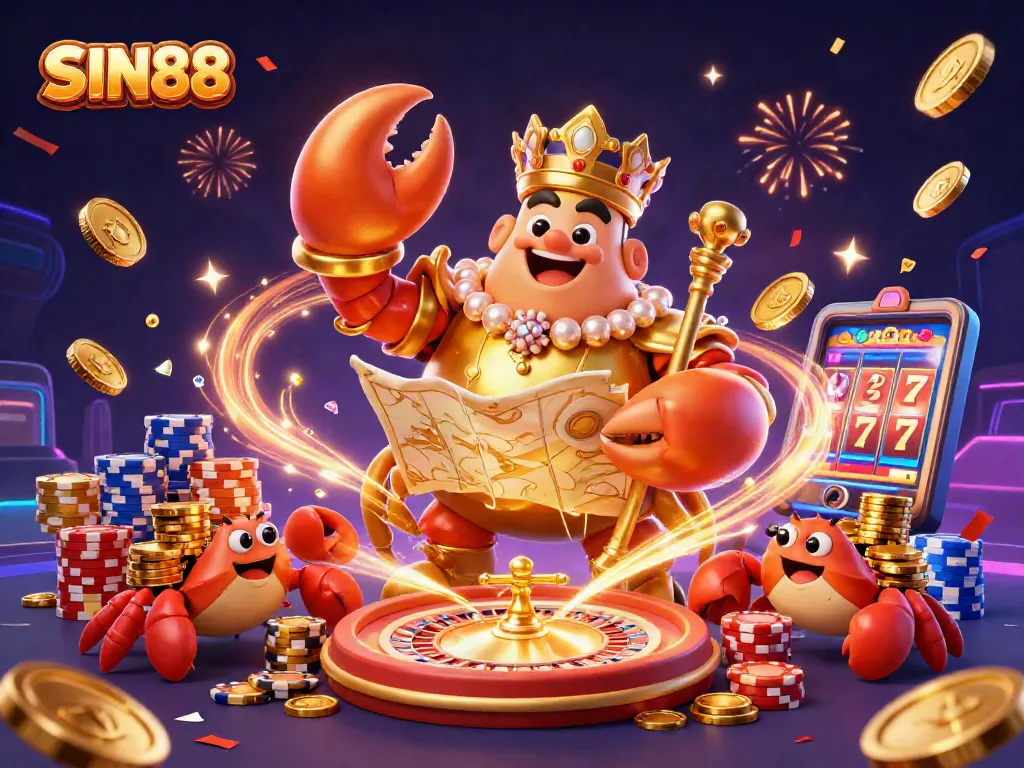 SIN88 showcases epic casino adventures with a golden crab emperor, treasure map, and dazzling gaming elements.