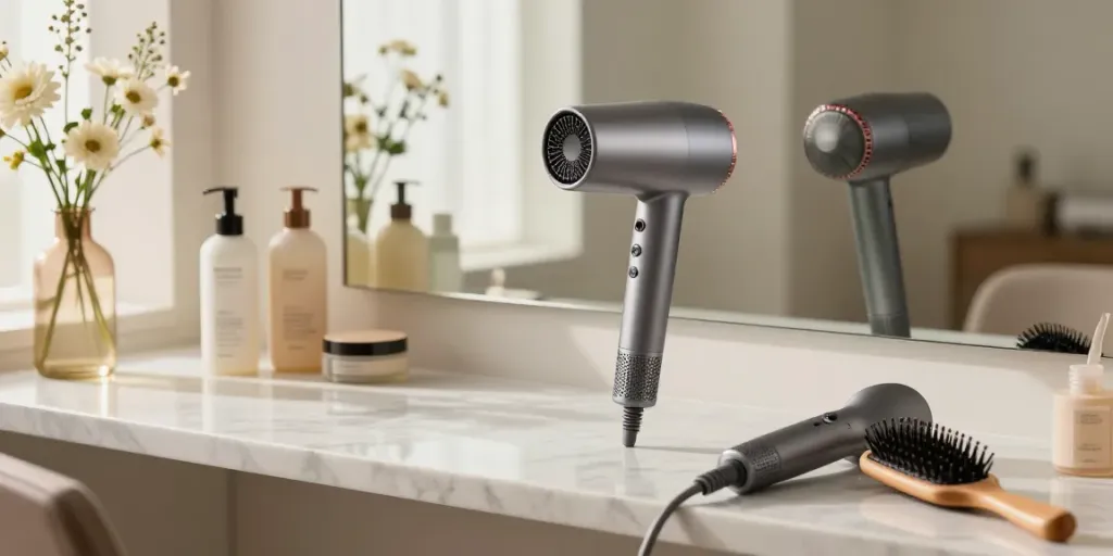Haartrockner Testsieger Stiftung Warentest bei stilvollem Styling mit eleganten Haarpflegeprodukten.
