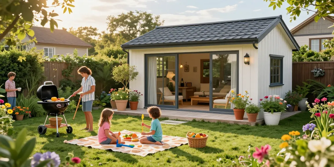 Ein modernes Garten Haus umgeben von üppigem Grün und bunten Blumen, eine Familie genießt einen sonnigen Tag im Freien.