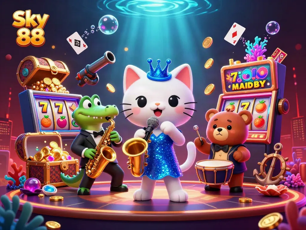 Engage with Sky 88's exciting slot games surrounded by vibrant casino elements in this captivating illustration.