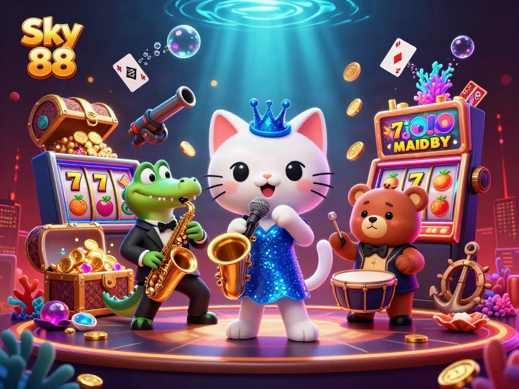 Engage with Sky 88's exciting slot games surrounded by vibrant casino elements in this captivating illustration.