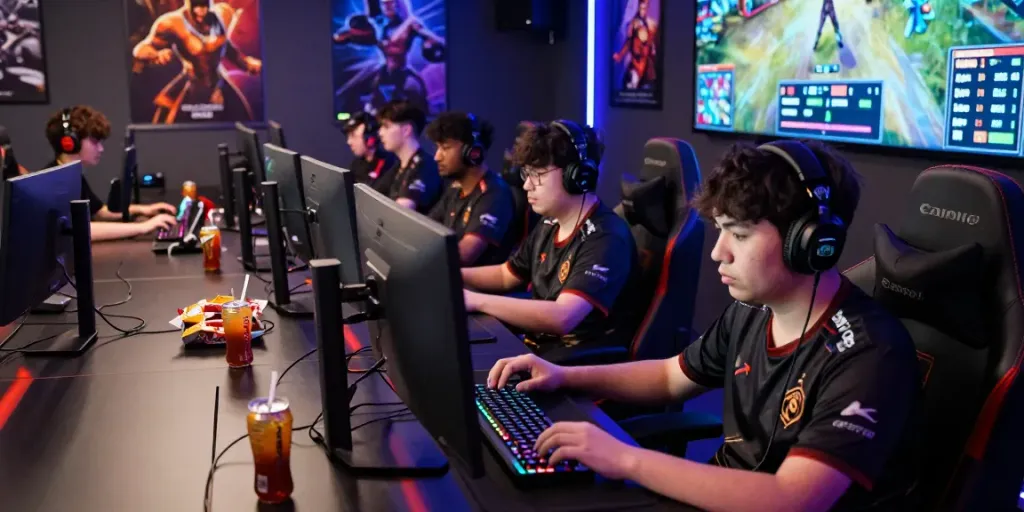 Competitive gaming scene featuring enthusiastic players with rokok88 gaming gear, highlighting excitement and community.