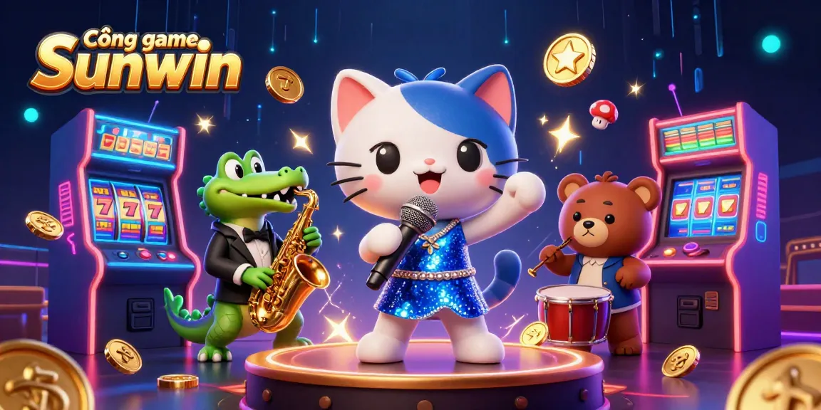 Cổng game Sunwin features a vibrant 3D scene with characters enjoying casino games, showcasing excitement and colorful visuals.