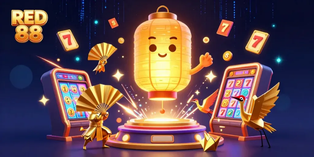 Experience the excitement of RED 88 in a vibrant casino scene featuring floating golden lantern spirits and lucky symbols.