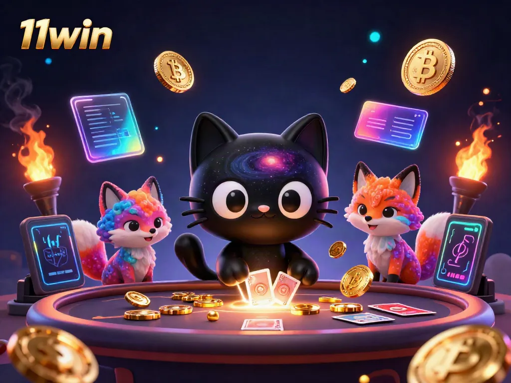 Engage in thrilling games at 11win's cosmic casino with vibrant 3D characters and glowing crypto elements.