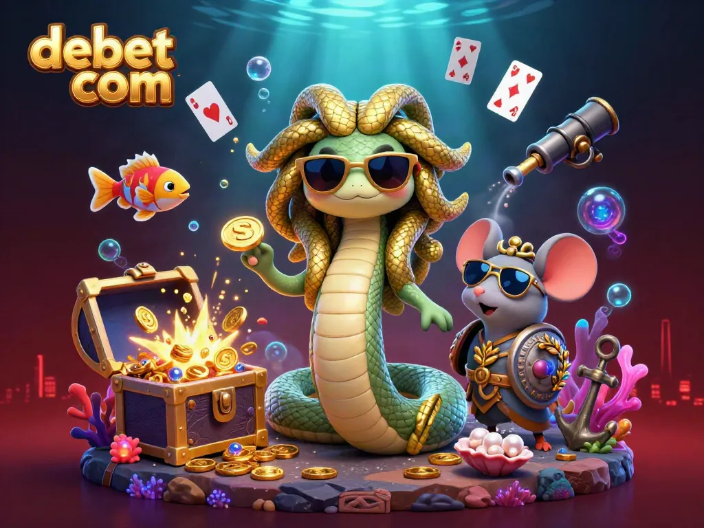 Experience the thrill of debet com with this vibrant 3D illustration of Medusa and warrior mouse surrounded by gold coins and treasure.