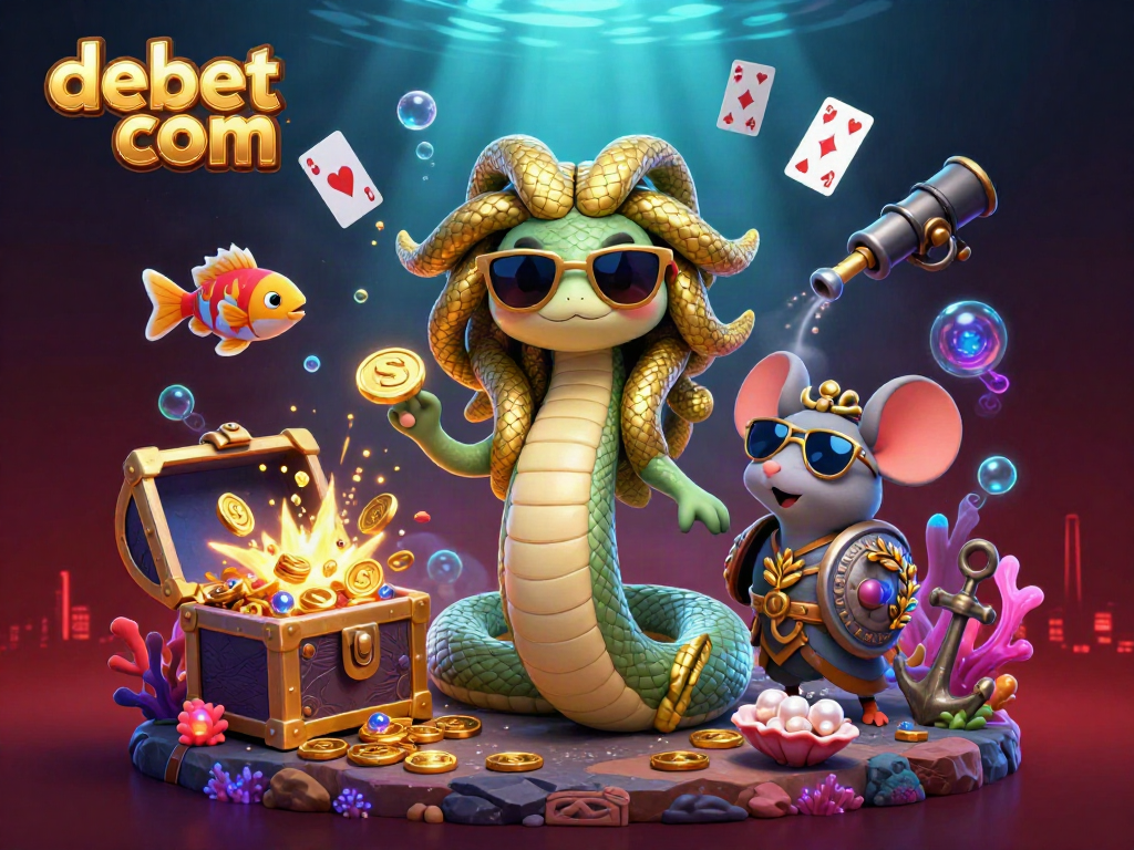Experience the thrill of debet com with this vibrant 3D illustration of Medusa and warrior mouse surrounded by gold coins and treasure.