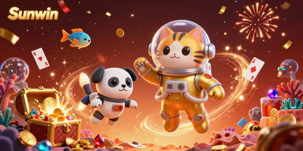 Experience the thrilling Sunwin adventure with a unique floating astronaut cat and robot dog in a vibrant casino world.