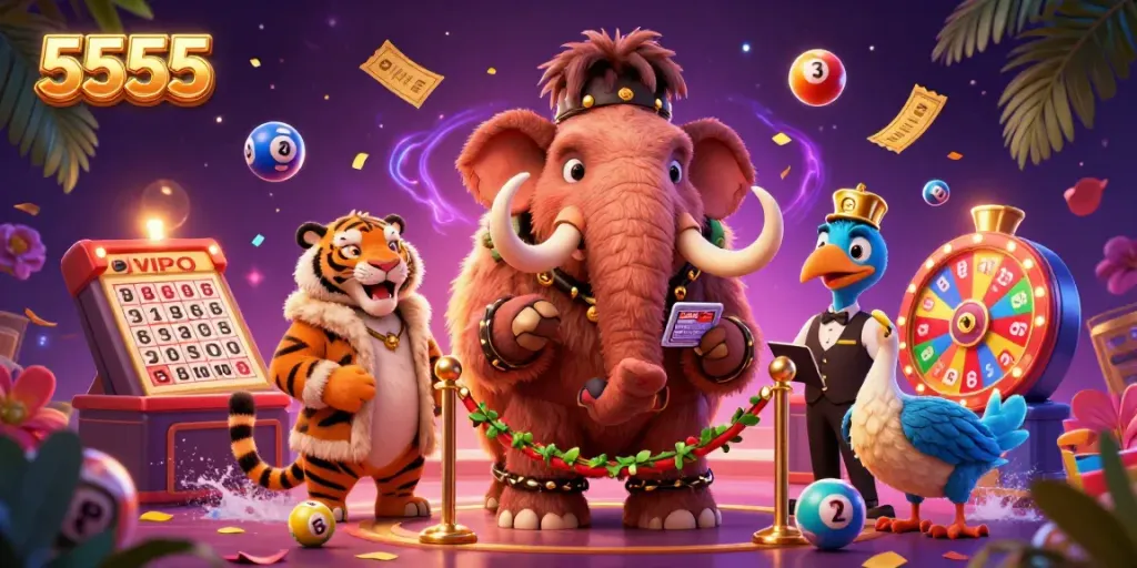 Experience the vibrant energy of 5555 at a casino with a woolly mammoth bouncer, saber-tooth VIP, and lively lottery elements.