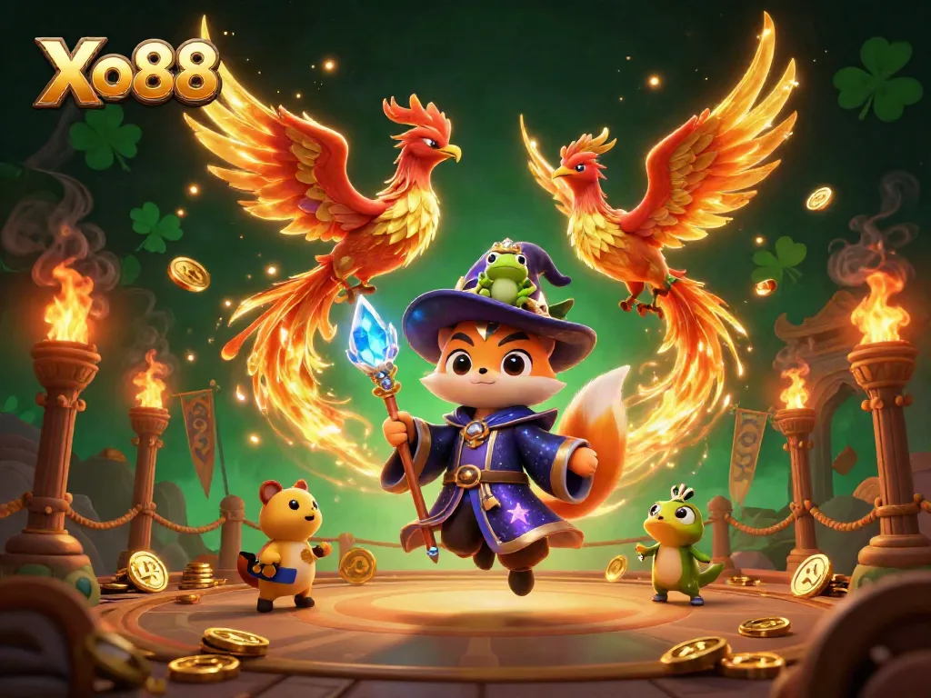 Xo88 brings excitement with a magical wizard, phoenix, and betting elements in this vibrant casino scene.