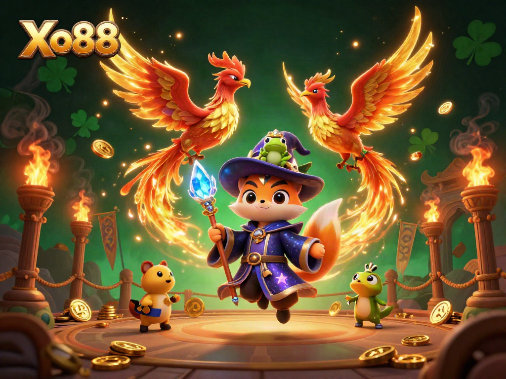 Xo88 brings excitement with a magical wizard, phoenix, and betting elements in this vibrant casino scene.