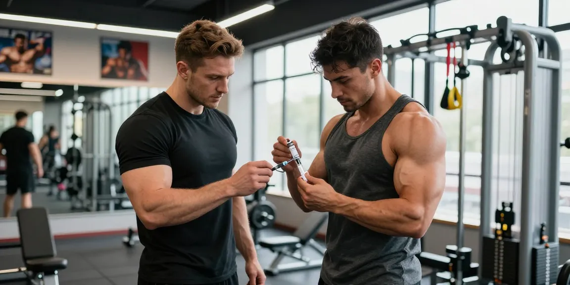 Anabolika Shop: Bodybuilder spritzt Steroide unter Anleitung im modernen Fitnessstudio.