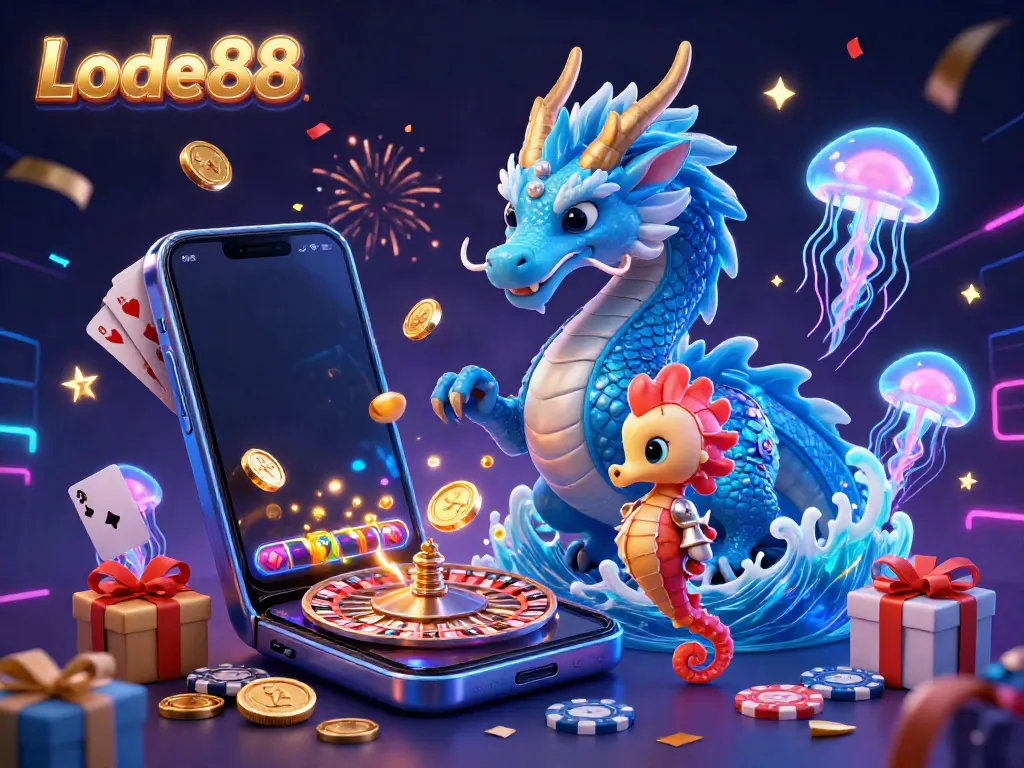 Experience the excitement of Lode88 with a vibrant 3D scene featuring a water dragon, seahorse knight, and casino elements.