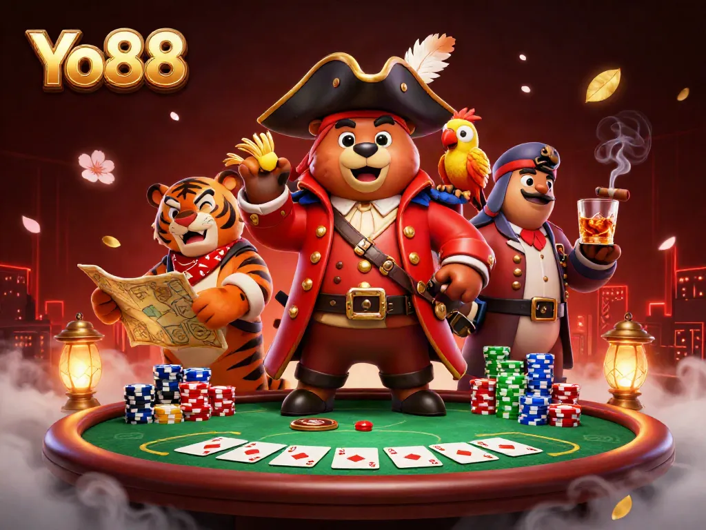 Experience the excitement at Yo88 with this vibrant 3D illustration showcasing a pirate captain bear and companions in a casino setting.