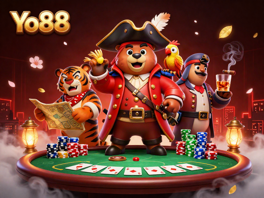 Experience the excitement at Yo88 with this vibrant 3D illustration showcasing a pirate captain bear and companions in a casino setting.