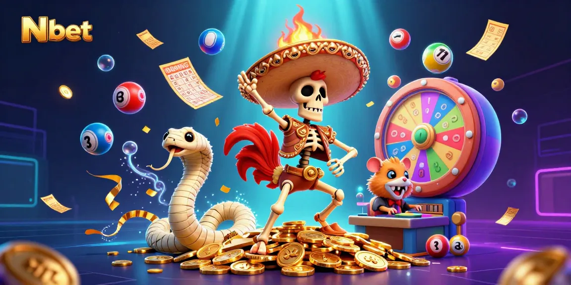 Engage with Nbet's thrilling casino experience featuring animated characters celebrating amidst vibrant game elements.