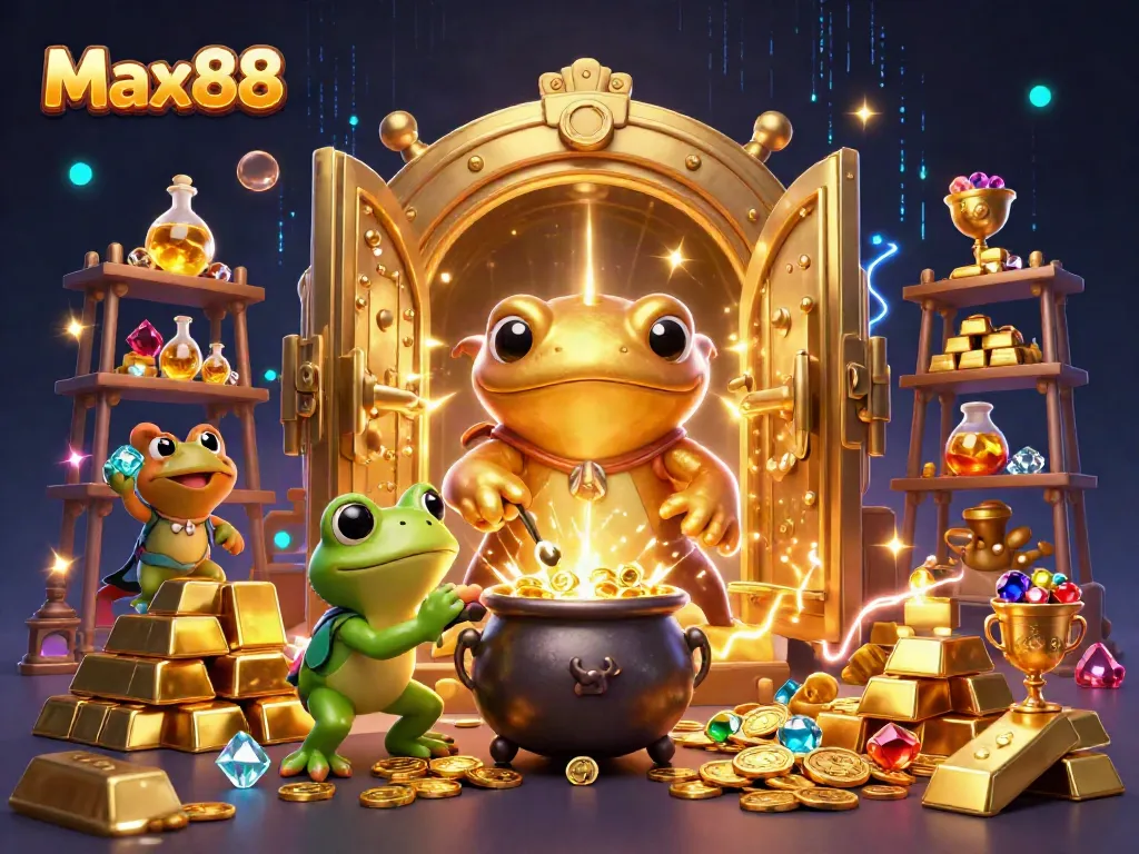 Max88 features a golden salamander alchemist creating gold coins in a vibrant casino scene.