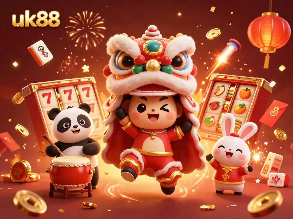 Engage with uk88’s vibrant casino scene featuring festive lion dance and slot symbols.