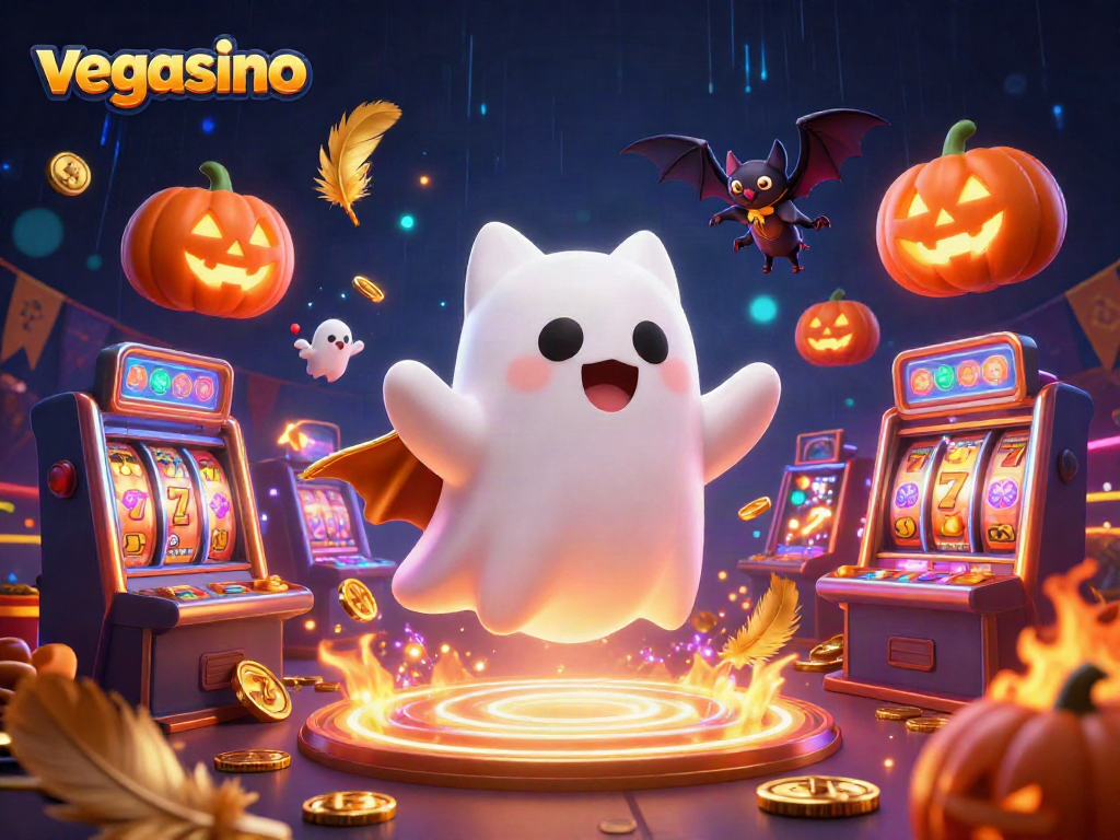 Experience the thrill of vegasino with a cartoon ghost cat and vampire bat in a lively casino.