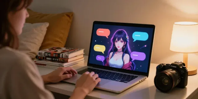 Engaging in a hentai chat with an animated AI character on a laptop in a cozy bedroom setting.
