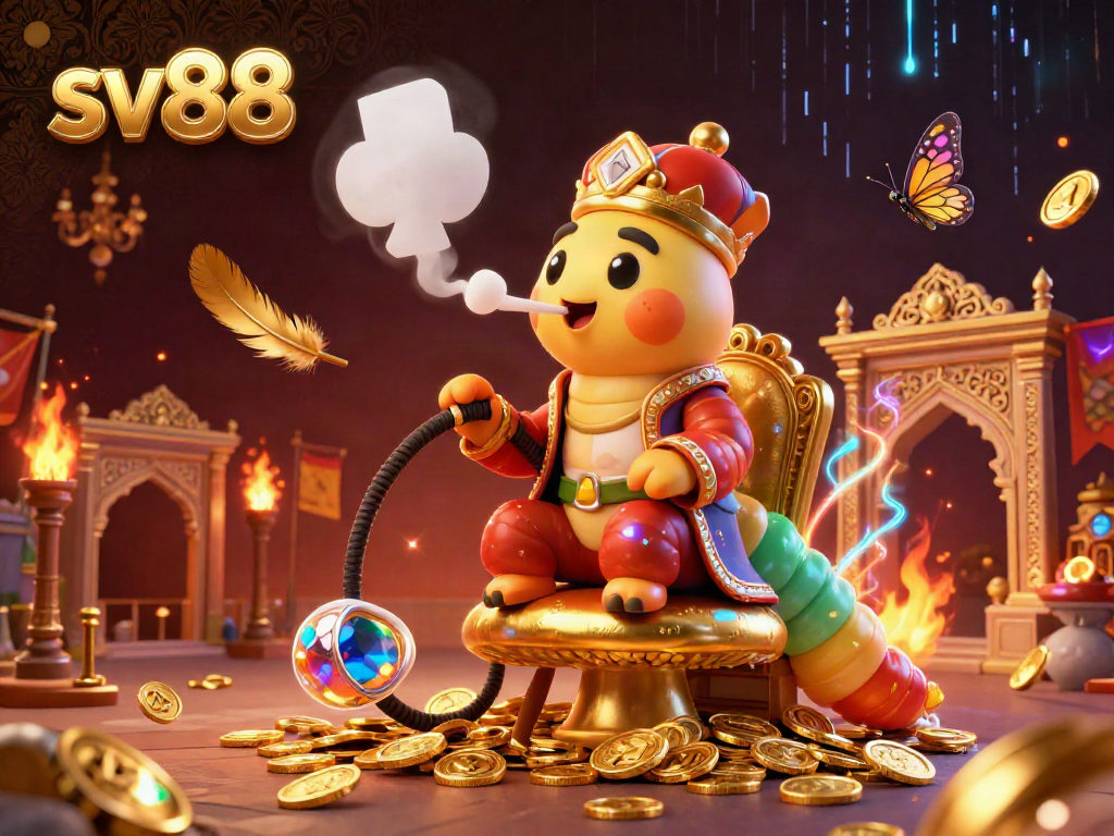 Experience sv88's vibrant casino world through a captivating 3D illustration featuring a unique caterpillar character amidst rich gaming elements.