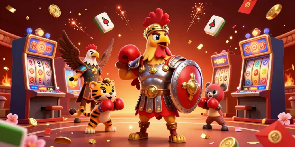 Fabet's vibrant casino scene featuring a gladiator rooster amid slot machines and golden confetti.