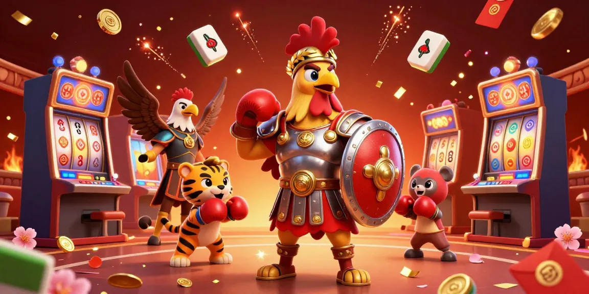 Fabet's vibrant casino scene featuring a gladiator rooster amid slot machines and golden confetti.