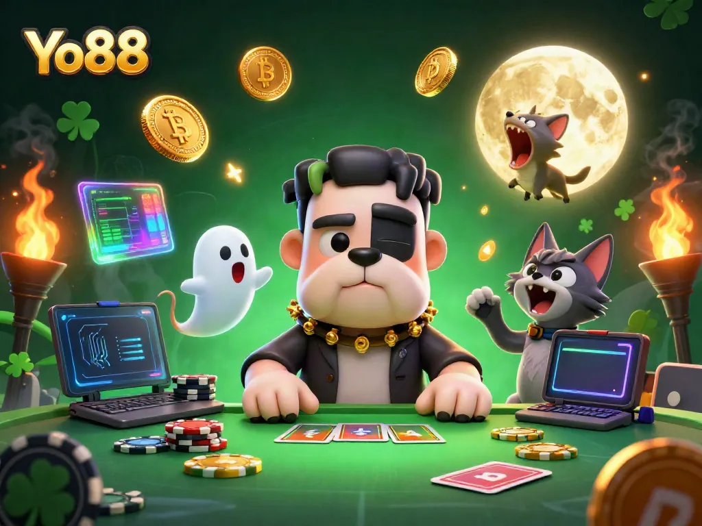 Experience thrilling gameplay at Yo88 with a 3D cartoon scene featuring a monster dealer and vibrant gambling elements.