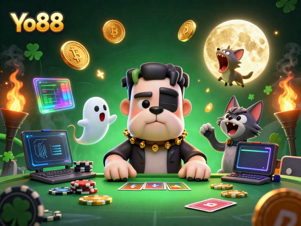 Experience thrilling gameplay at Yo88 with a 3D cartoon scene featuring a monster dealer and vibrant gambling elements.