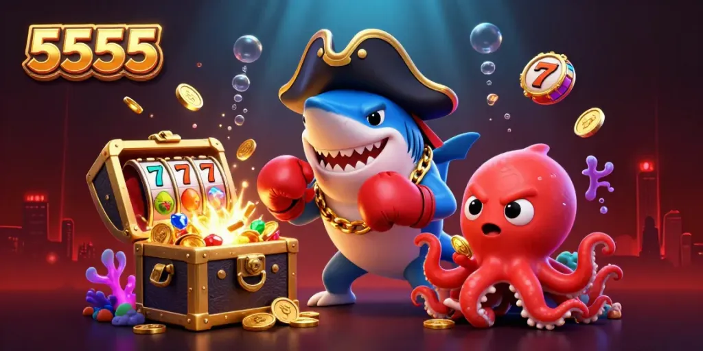 Engaging scene of colorful casino elements featuring 5555 with a pirate shark, pufferfish, and octopus amid a treasure explosion.
