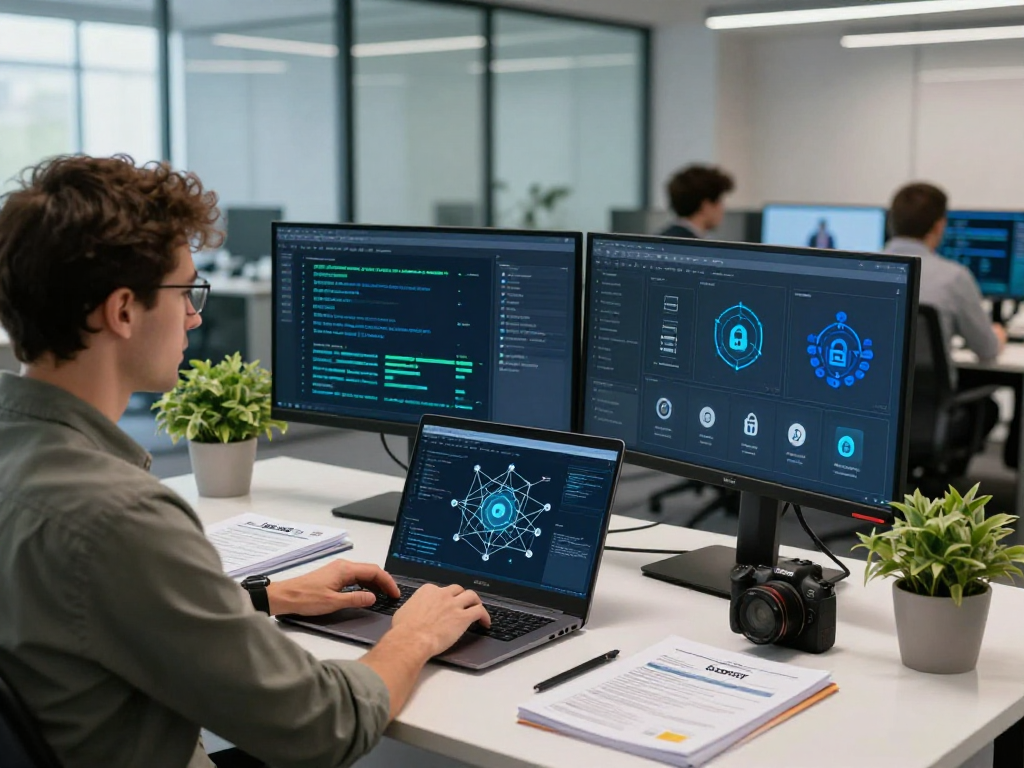 Daten- und IT-Sicherheit Dienstleistung showcased in a modern office with cybersecurity professionals analyzing security metrics.