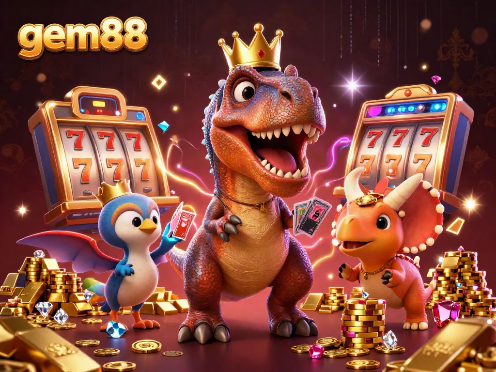 Experience gem88's vibrant casino adventure with lucky characters and dynamic slot reels.