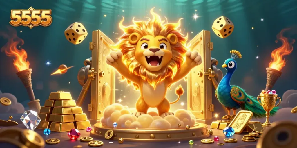 Engage with the 5555 transformation theme featuring lively casino elements in a stunning 3D illustration.