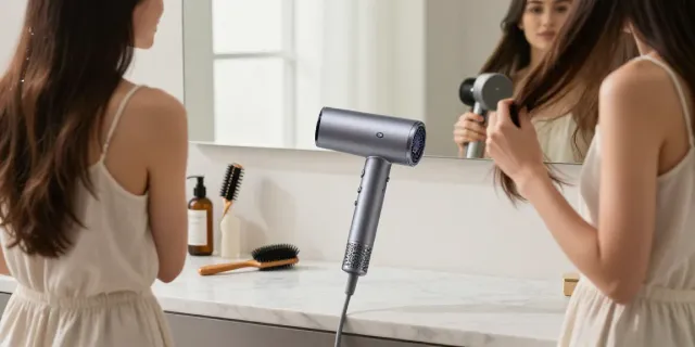Hochgeschwindigkeits-Haartrockner im modernen Badezimmer bei der Anwendung.
