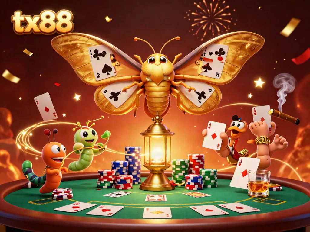 Experience exciting casino thrills with tx88, showcasing a vibrant table scene and golden moth.