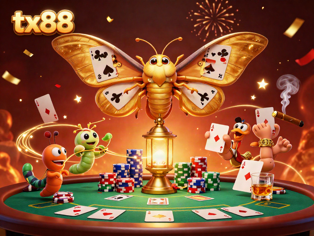 Experience exciting casino thrills with tx88, showcasing a vibrant table scene and golden moth.
