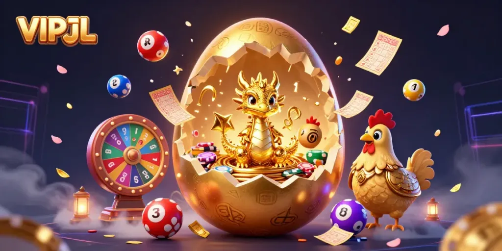 Engage in the thrilling VIPJL experience with a golden dragon surrounded by exciting gambling elements.