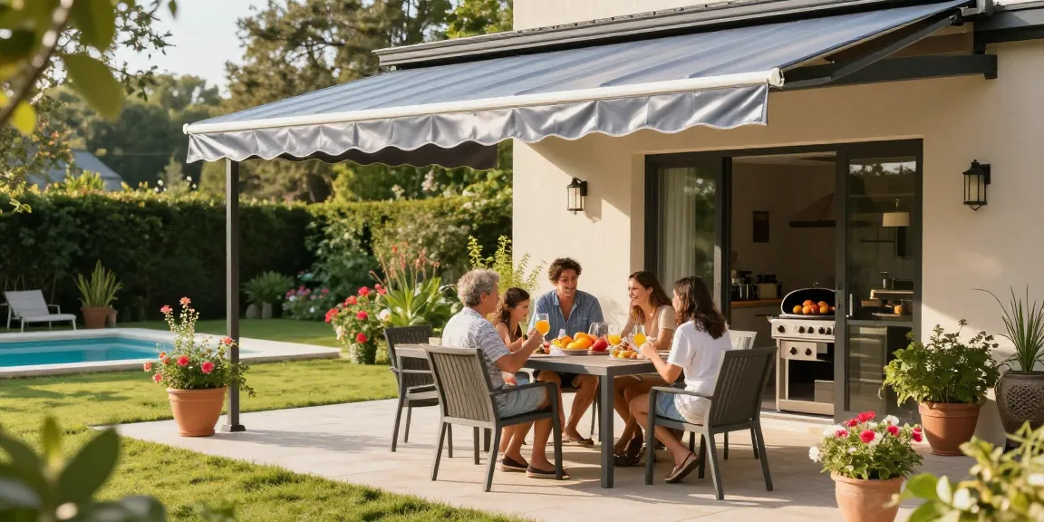 Elegante Terrassenüberdachungen schützen die Familie bei einem Sommeressen im Garten.