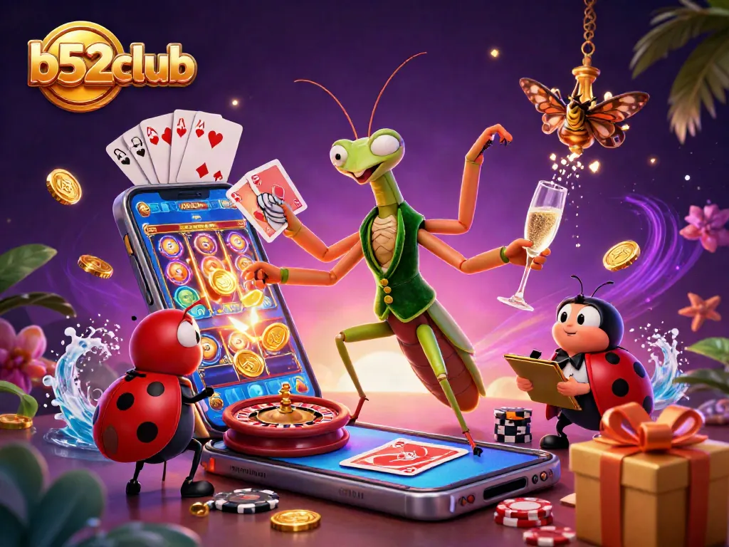 Bettors at b52club engage with a giant praying mantis dealer while enjoying exciting gaming action.