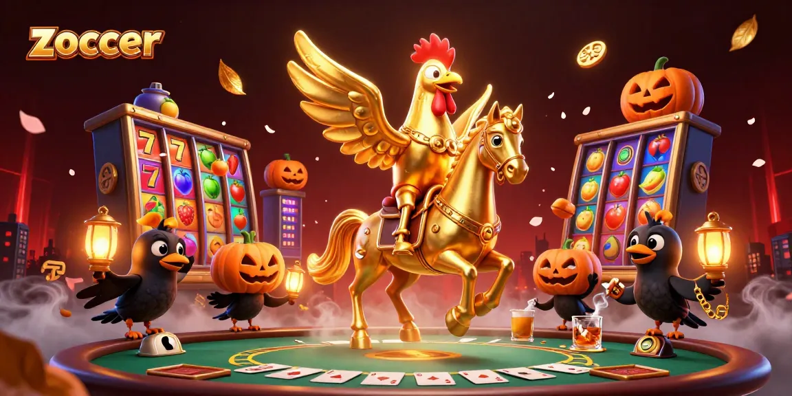 Zoccer offers thrilling casino gaming excitement with a golden rooster in a lively casino scene.